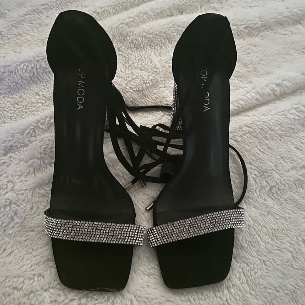black jeweled lace wrap heels
